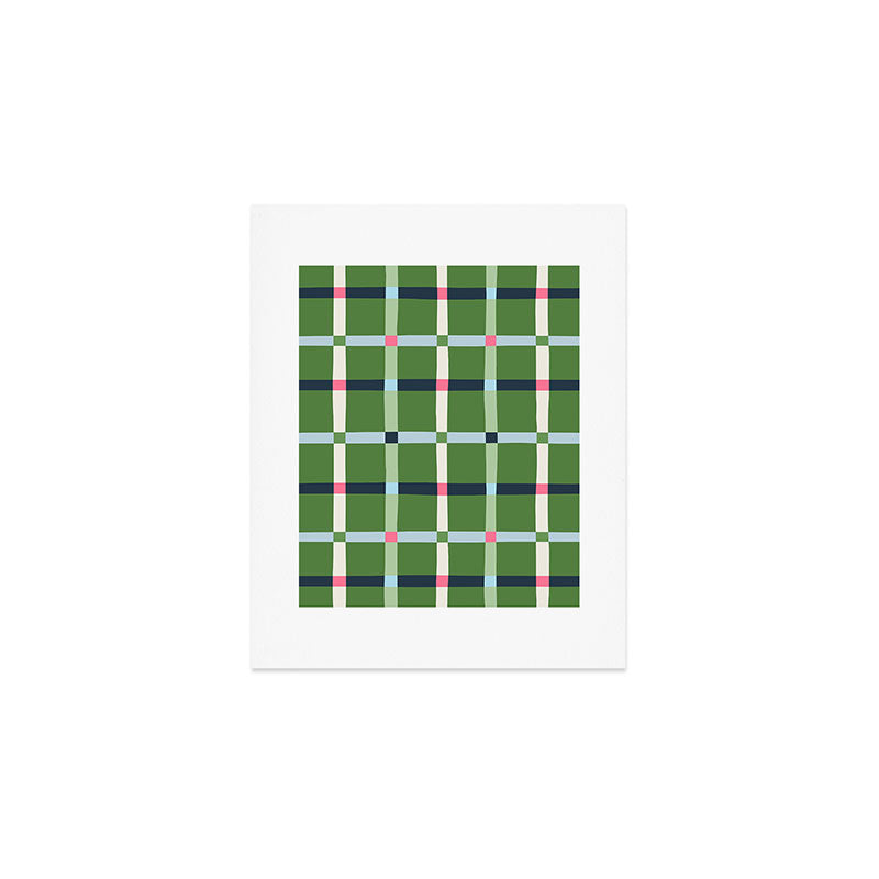 Windowpane Plaid Blue Pink on Green Art Print Gallery Image 1