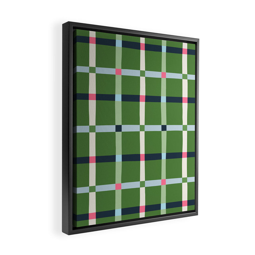 Windowpane Plaid Blue Pink on Green Framed Canvas Print Gallery Image 2