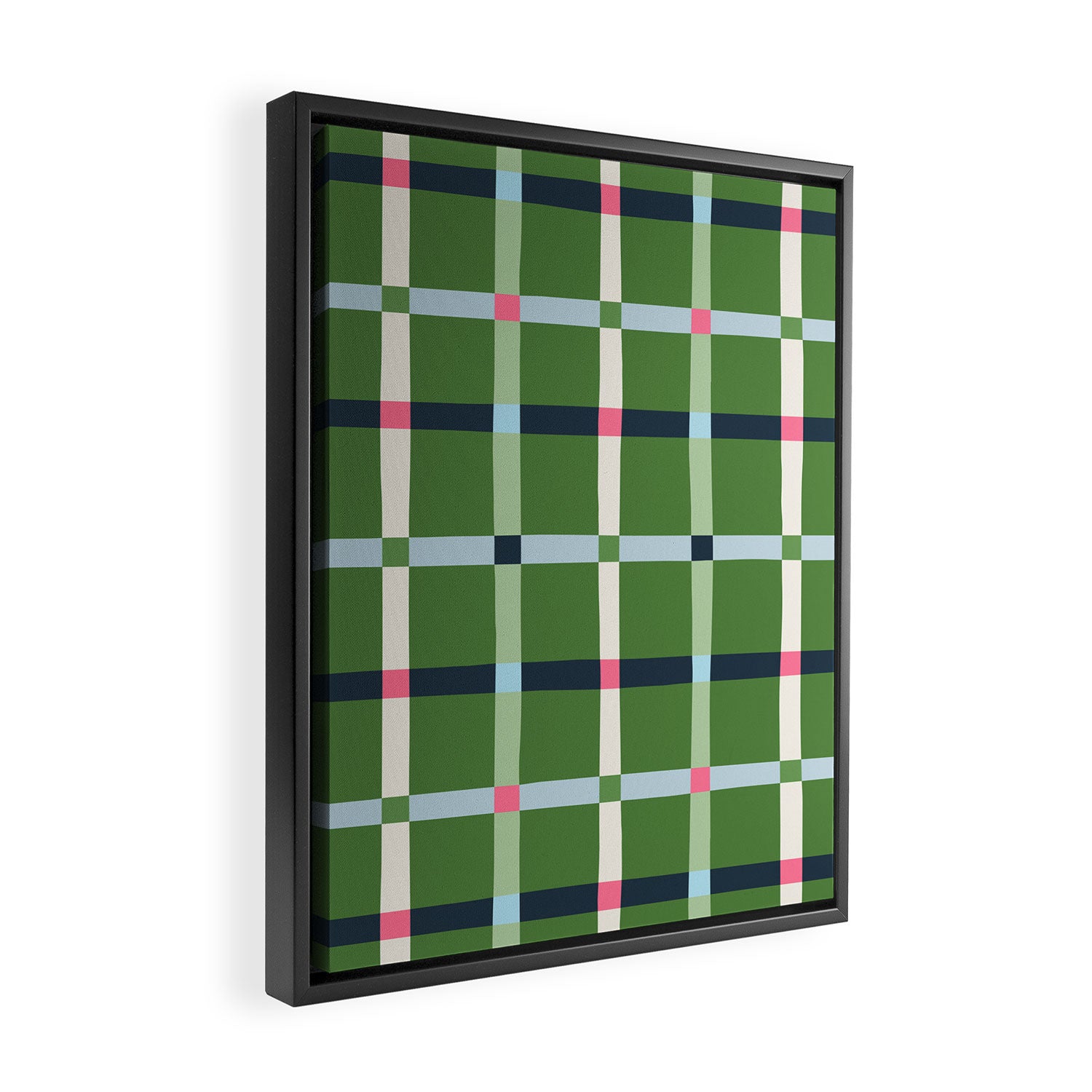 Windowpane Plaid Blue Pink on Green Framed Canvas Print Gallery Image 2