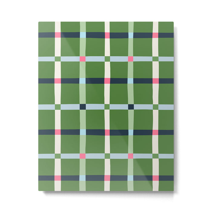 Windowpane Plaid Blue Pink on Green Metal Print Gallery Image 1