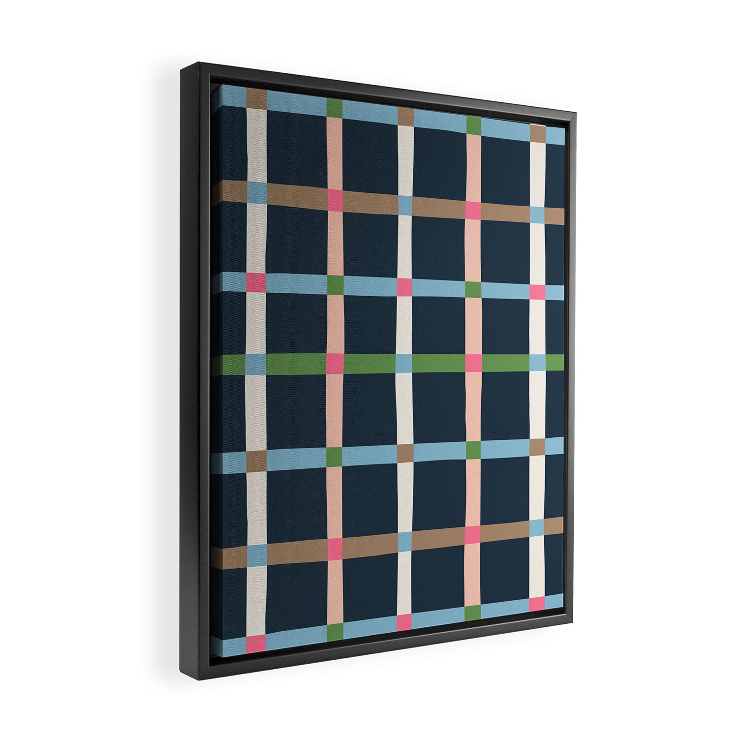 Windowpane Plaid Multicolor on Dark Blue Framed Canvas Print Gallery Image 2
