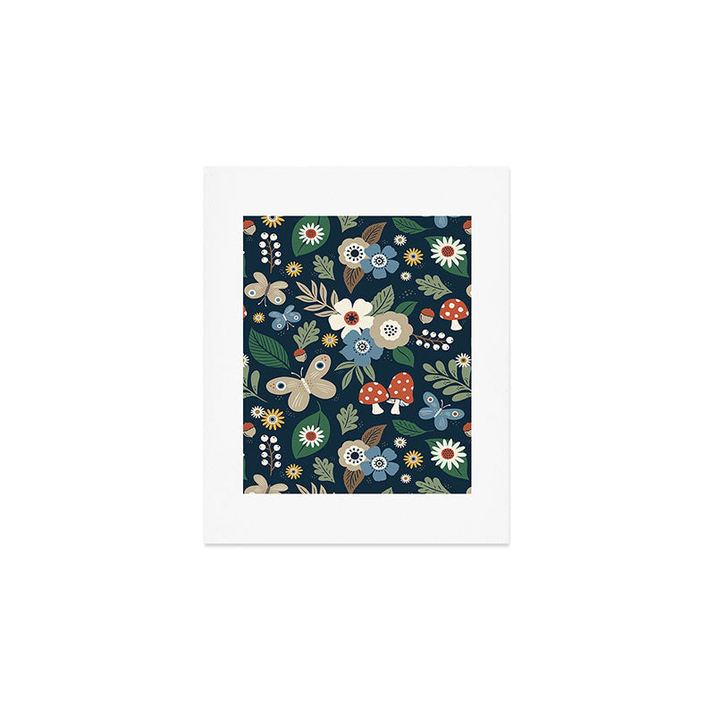 Woodland Forest Flowers - Navy Blue Art Print Gallery Image 1