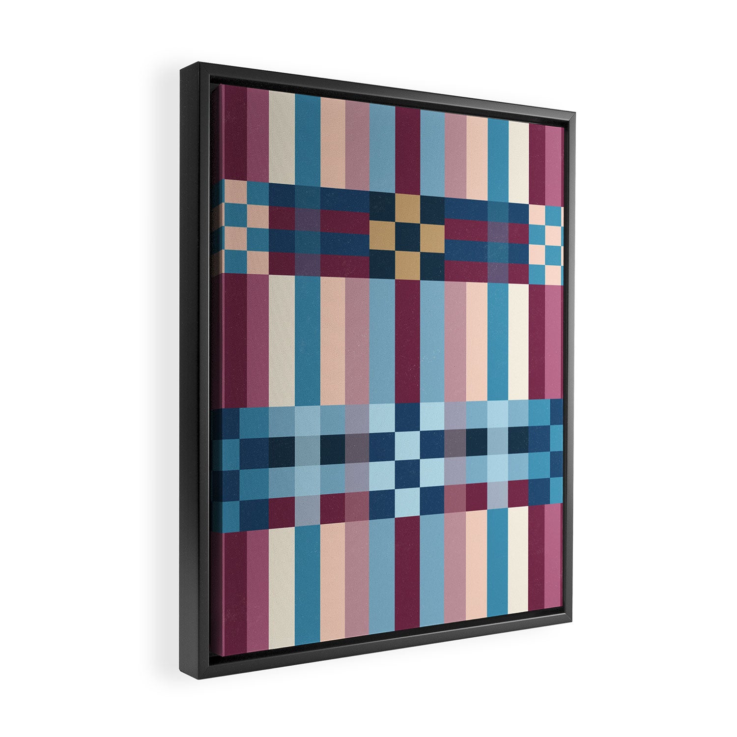 Woven Checks and Stripes Blue Burgundy Framed Canvas Print Gallery Image 2