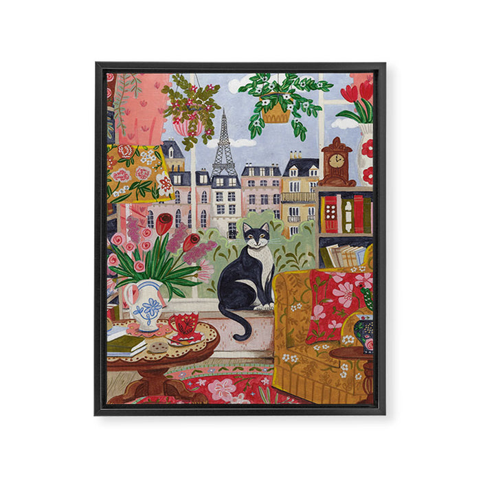 Cat in front of window in Paris  Framed Canvas Print Gallery Image 1
