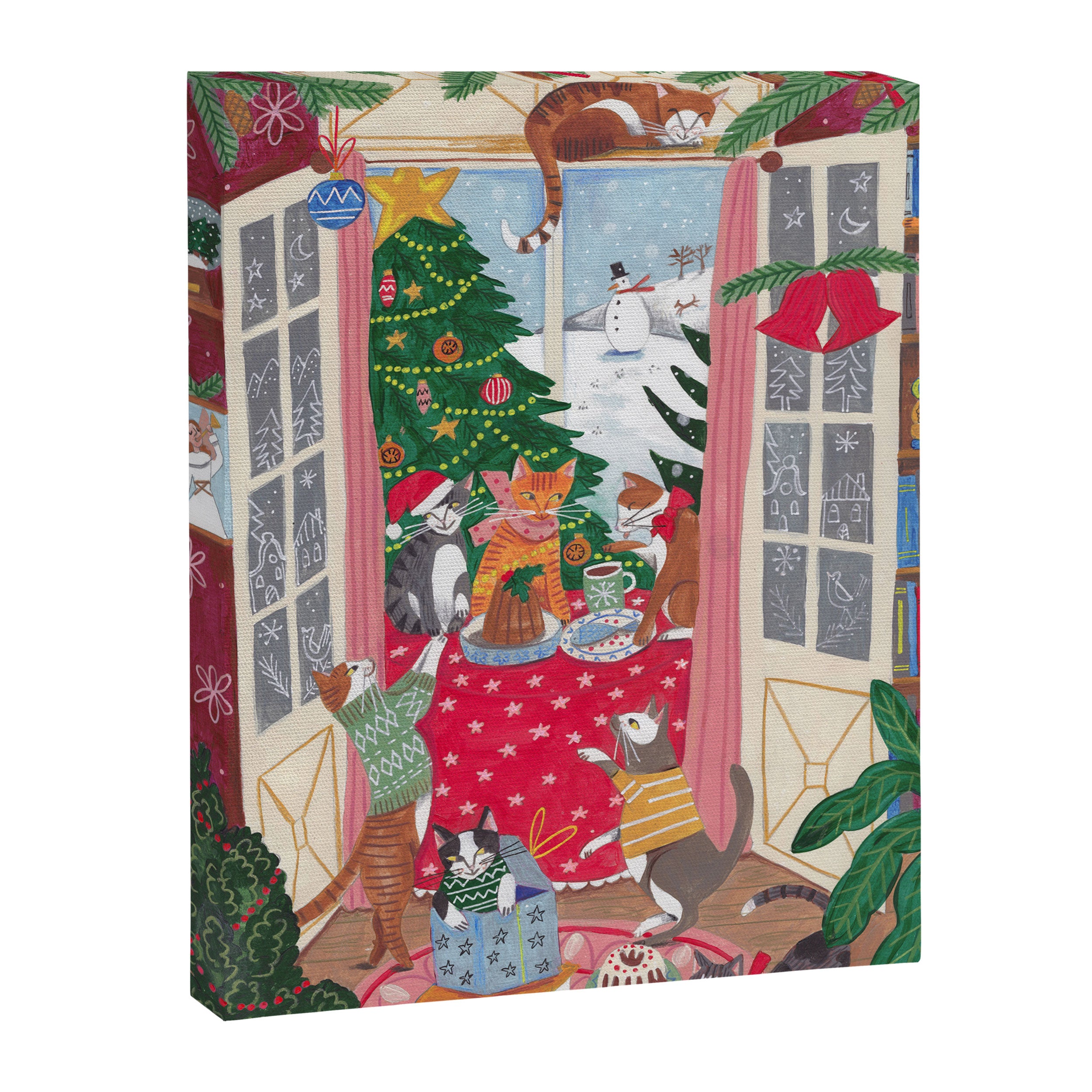 Cats in the Window at a Snowy Christmas in Bright Colours Canvas Print Gallery Image 8