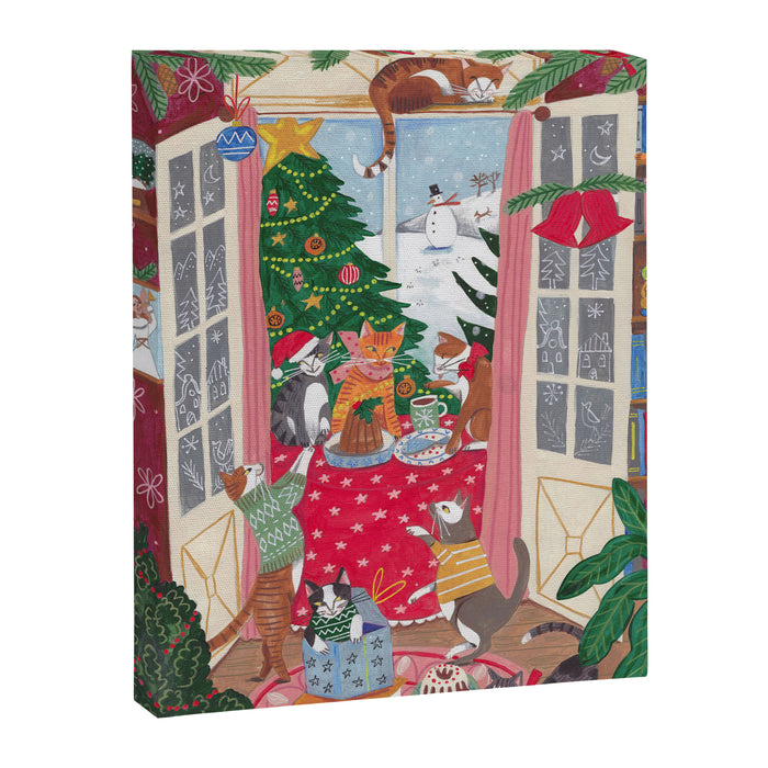 Cats in the Window at a Snowy Christmas in Bright Colours Canvas Print Gallery Image 1