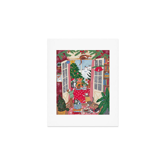Cats in the Window at a Snowy Christmas in Bright Colours Art Print Gallery Image 1