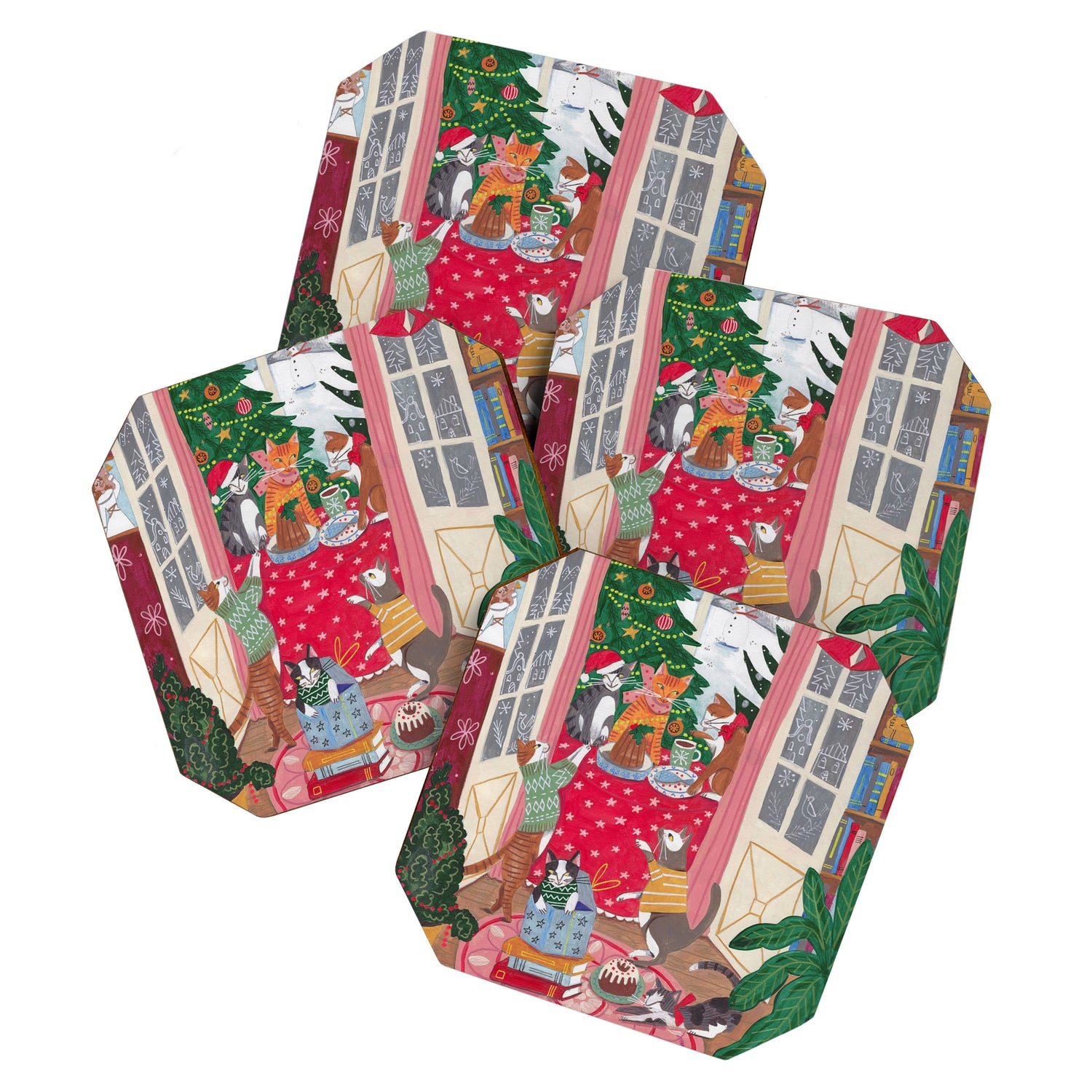 Cats in the Window at a Snowy Christmas in Bright Colours Coaster Gallery Image 1