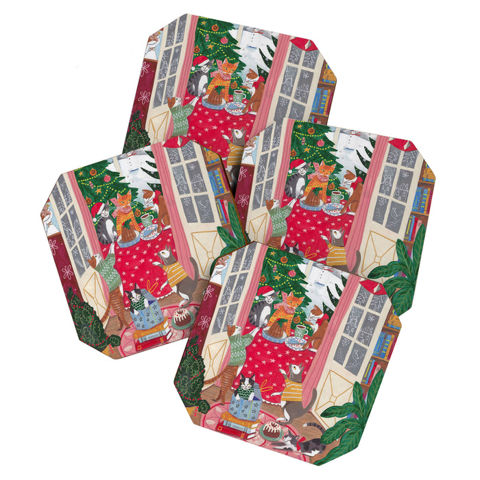Cats in the Window at a Snowy Christmas in Bright Colours Coaster Gallery Image 1