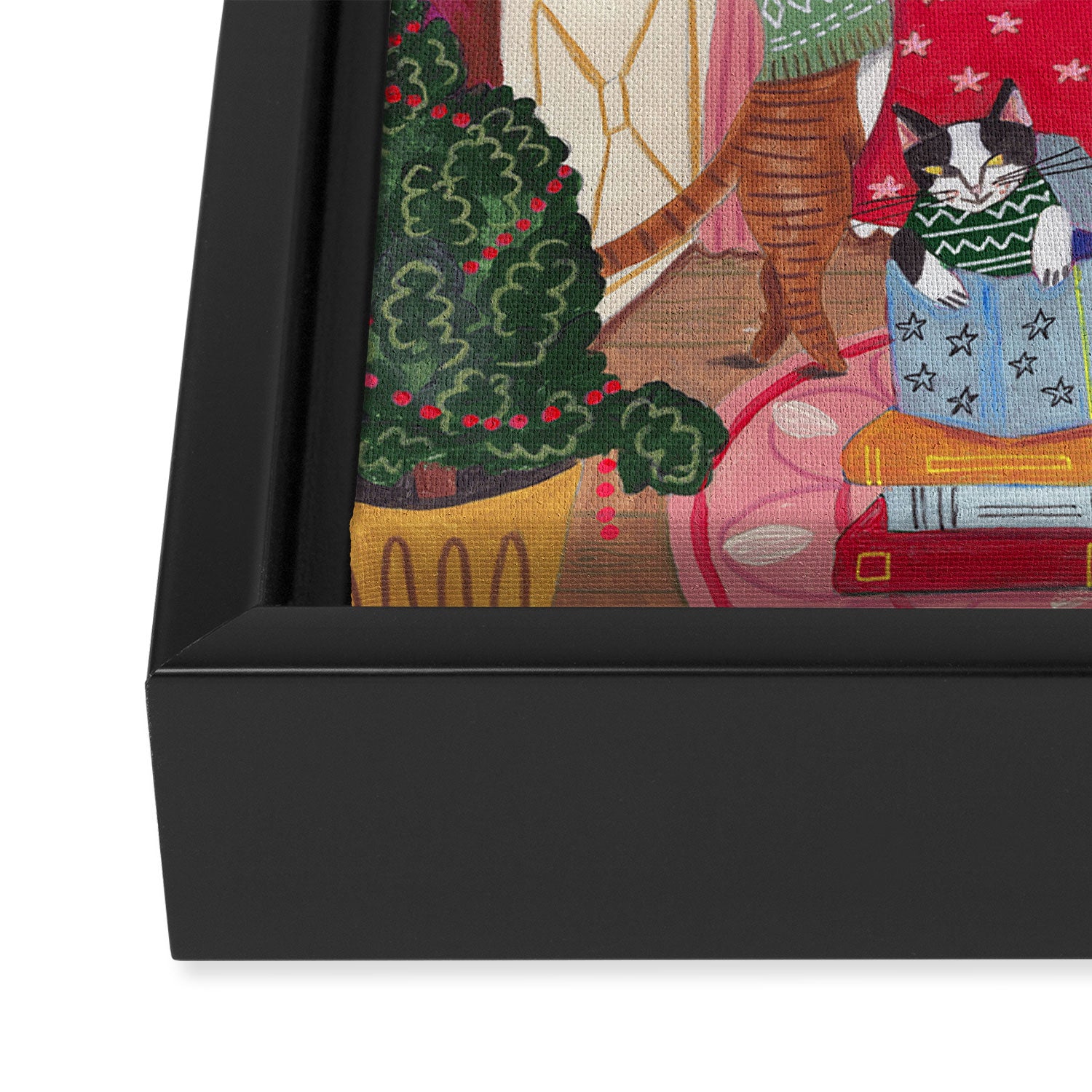 Cats in the Window at a Snowy Christmas in Bright Colours Framed Canvas Print Gallery Image 3