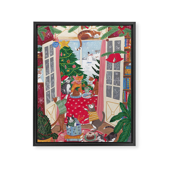 Cats in the Window at a Snowy Christmas in Bright Colours Framed Canvas Print Gallery Image 1