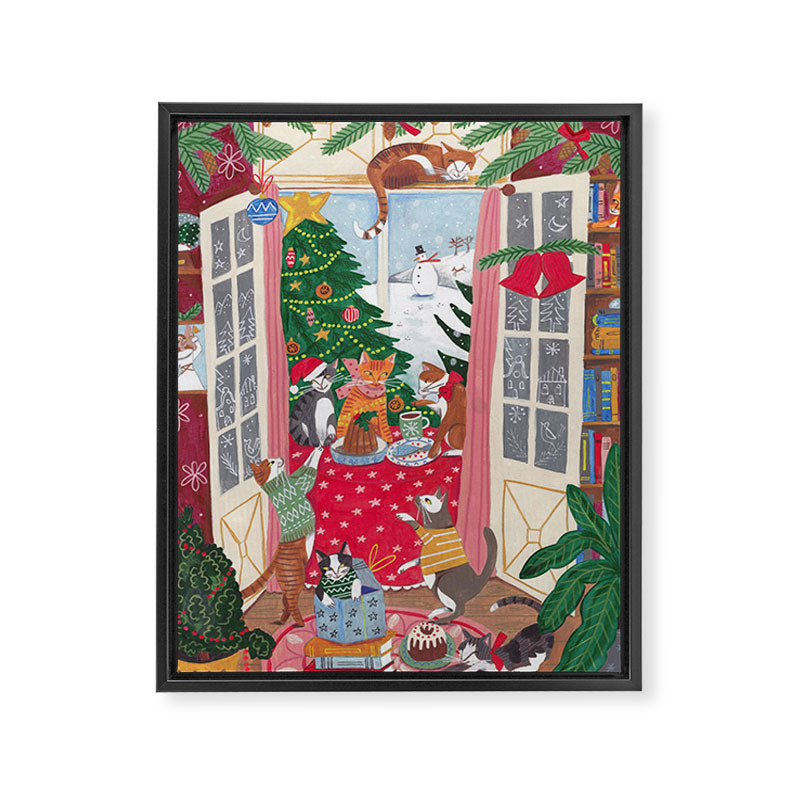 Cats in the Window at a Snowy Christmas in Bright Colours Framed Canvas Print Gallery Image 8