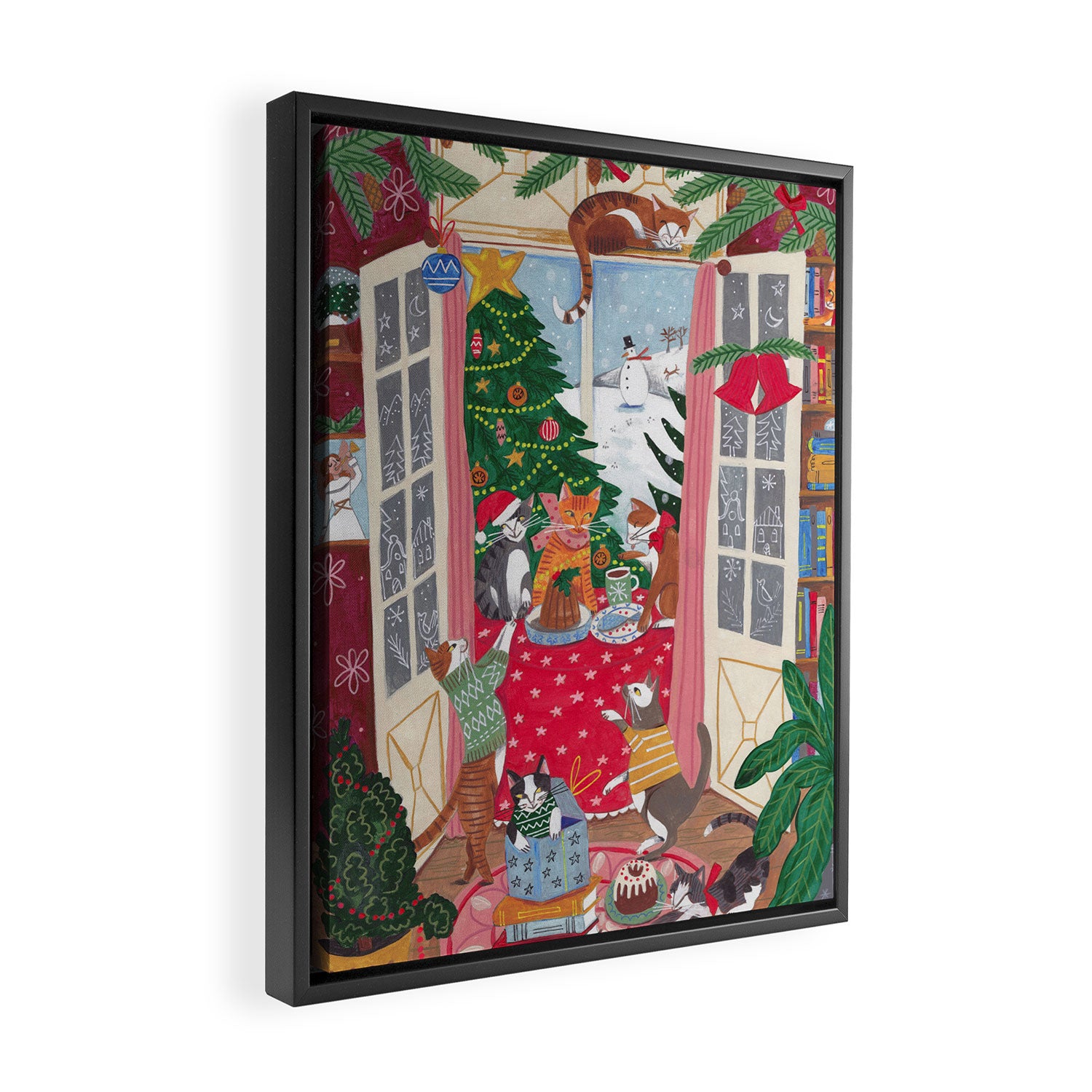 Cats in the Window at a Snowy Christmas in Bright Colours Framed Canvas Print Gallery Image 2