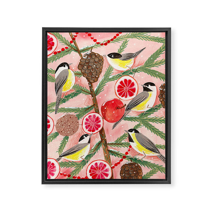 Chickadee birds in abstract tree Framed Canvas Print Gallery Image 1