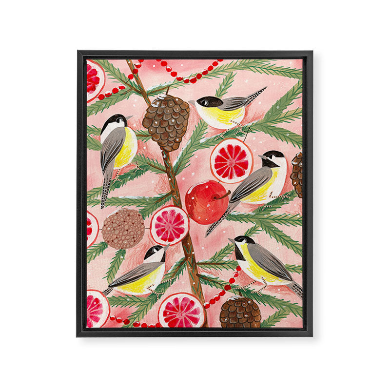 Chickadee birds in abstract tree Framed Canvas Print Gallery Image 6