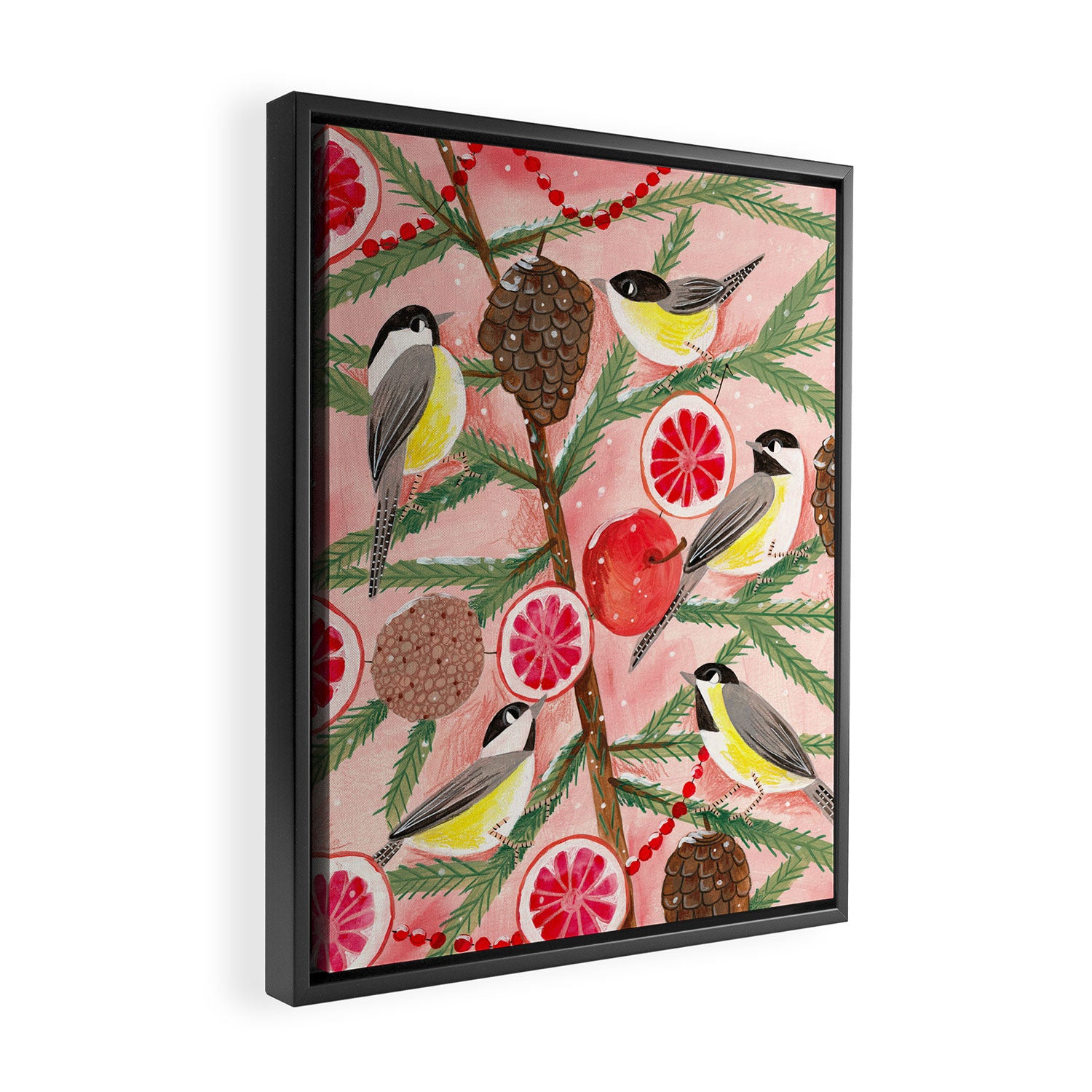 Chickadee birds in abstract tree Framed Canvas Print Gallery Image 2