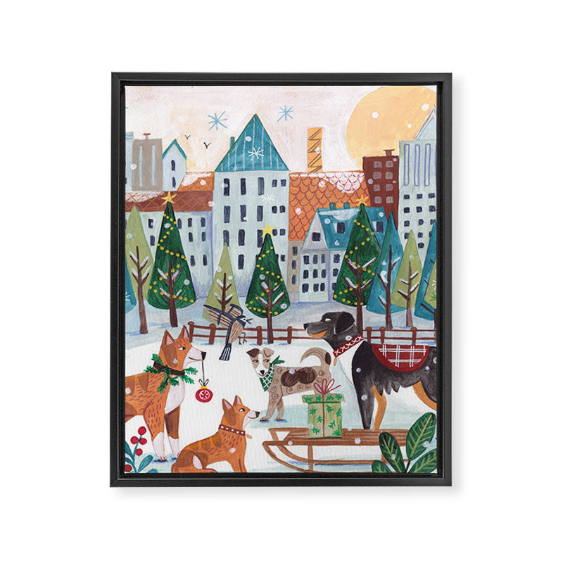 Christmas Dogs in the City Park Framed Canvas Print Gallery Image 6