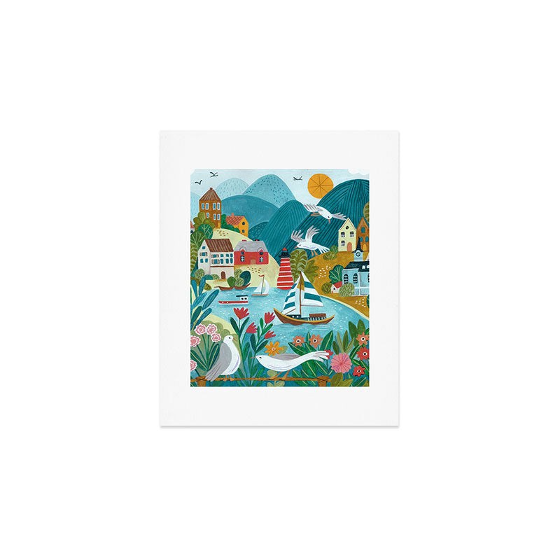 Coastal village sailing landscape Art Print Gallery Image 1