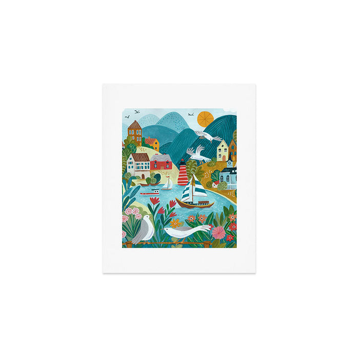 Coastal village sailing landscape Art Print Gallery Image 1