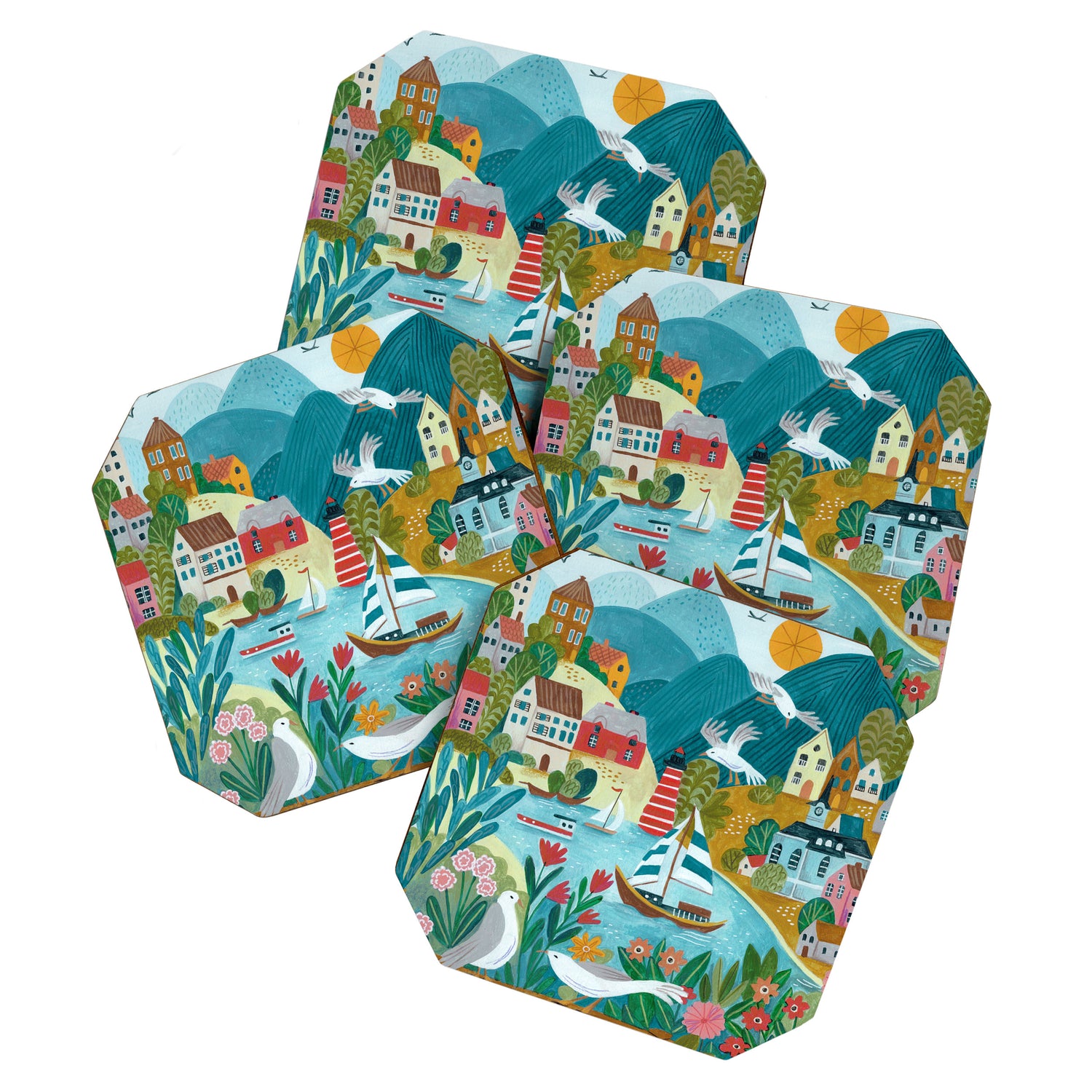 Coastal village sailing landscape Coaster Gallery Image 1