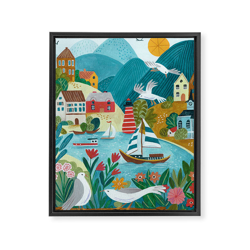Coastal village sailing landscape Framed Canvas Print Gallery Image 6