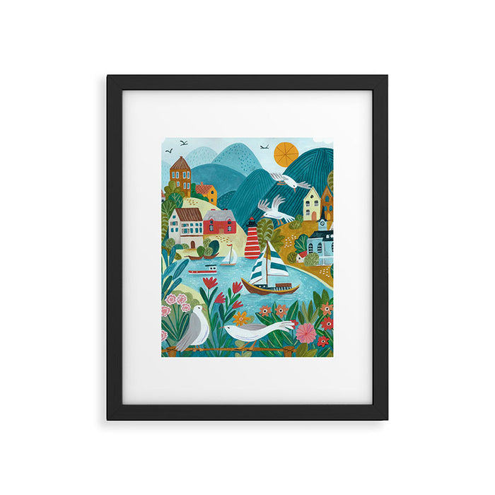 Coastal village sailing landscape Framed Art Print Gallery Image 1