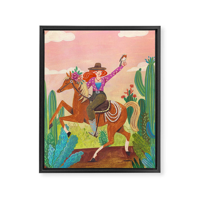 Cute cowgirl on a horse Framed Canvas Print Gallery Image 1