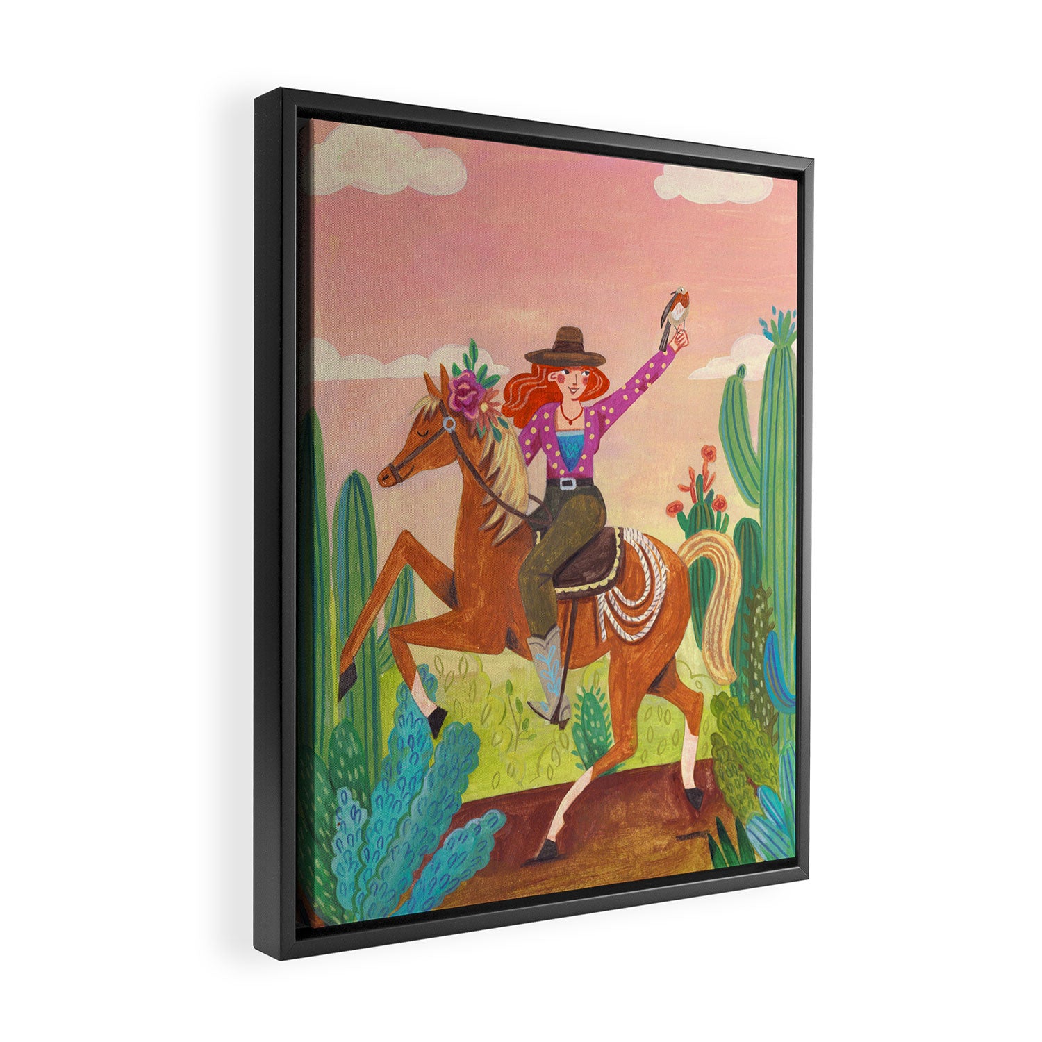 Cute cowgirl on a horse Framed Canvas Print Gallery Image 2
