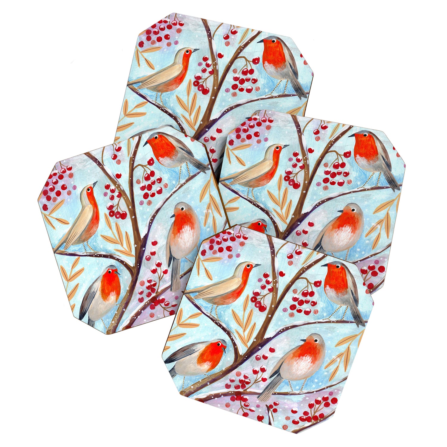 Cute red Robin birds and berries blue winter Coaster Gallery Image 1