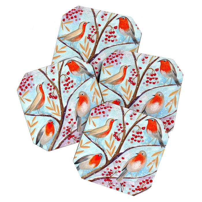 Cute red Robin birds and berries blue winter Coaster Gallery Image 1