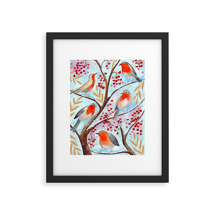 Cute red Robin birds and berries blue winter Framed Art Print Gallery Image 1