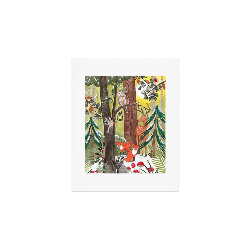 Enchanted forest & woodland animals in the snow Art Print Gallery Image 1