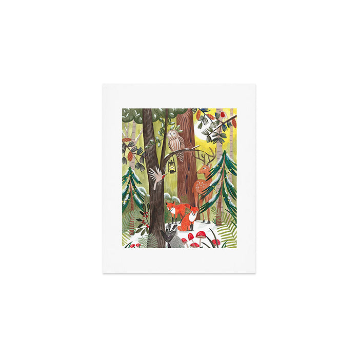 Enchanted forest & woodland animals in the snow Art Print Gallery Image 1