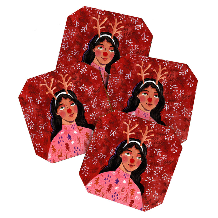 Festive groovy retro holiday woman portrait Coaster Gallery Image 1