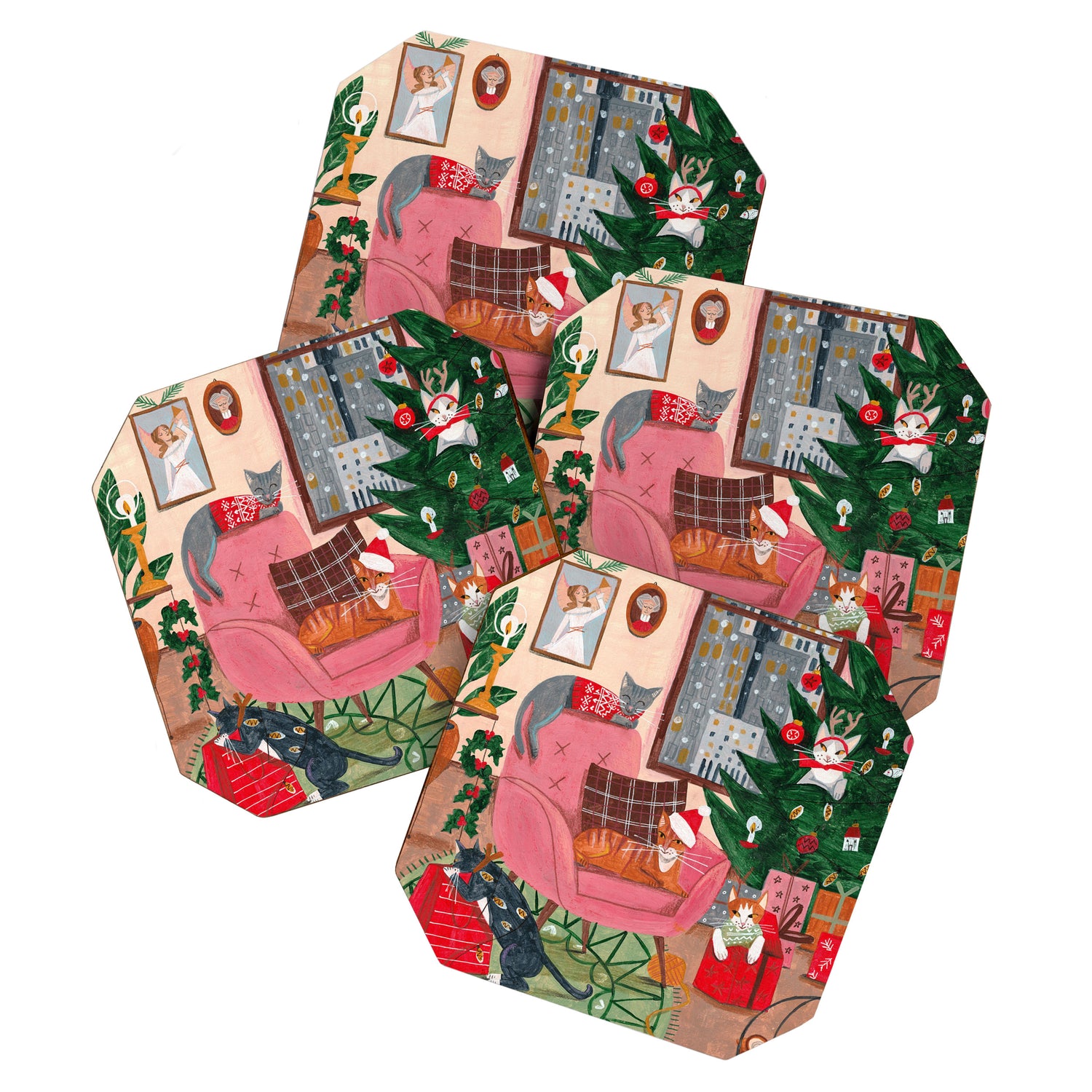 Festive retro Christmas cats modern traditional holiday Coaster Gallery Image 1