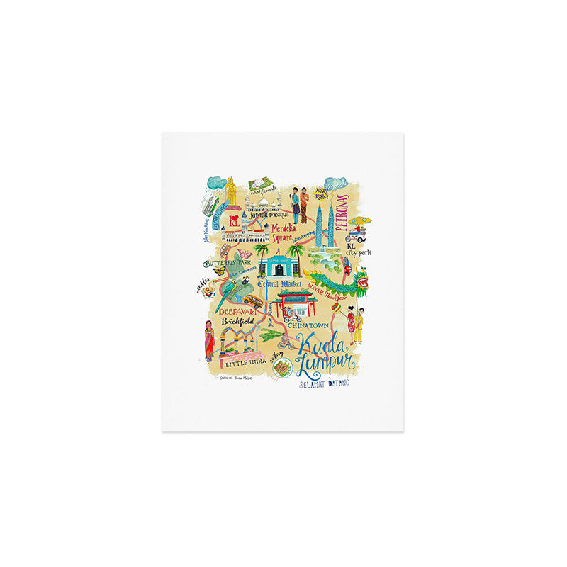 Illustrative map Kuala Lumpur Malaysia travel Art Print Gallery Image 1