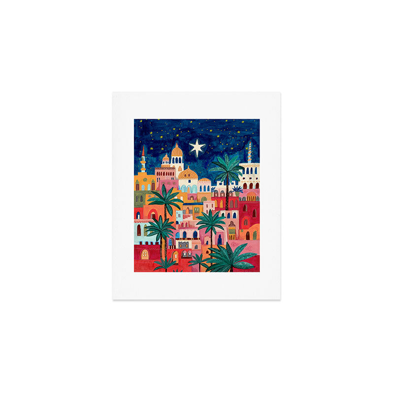 Oriental city under a starry sky in bright colours Art Print Gallery Image 1