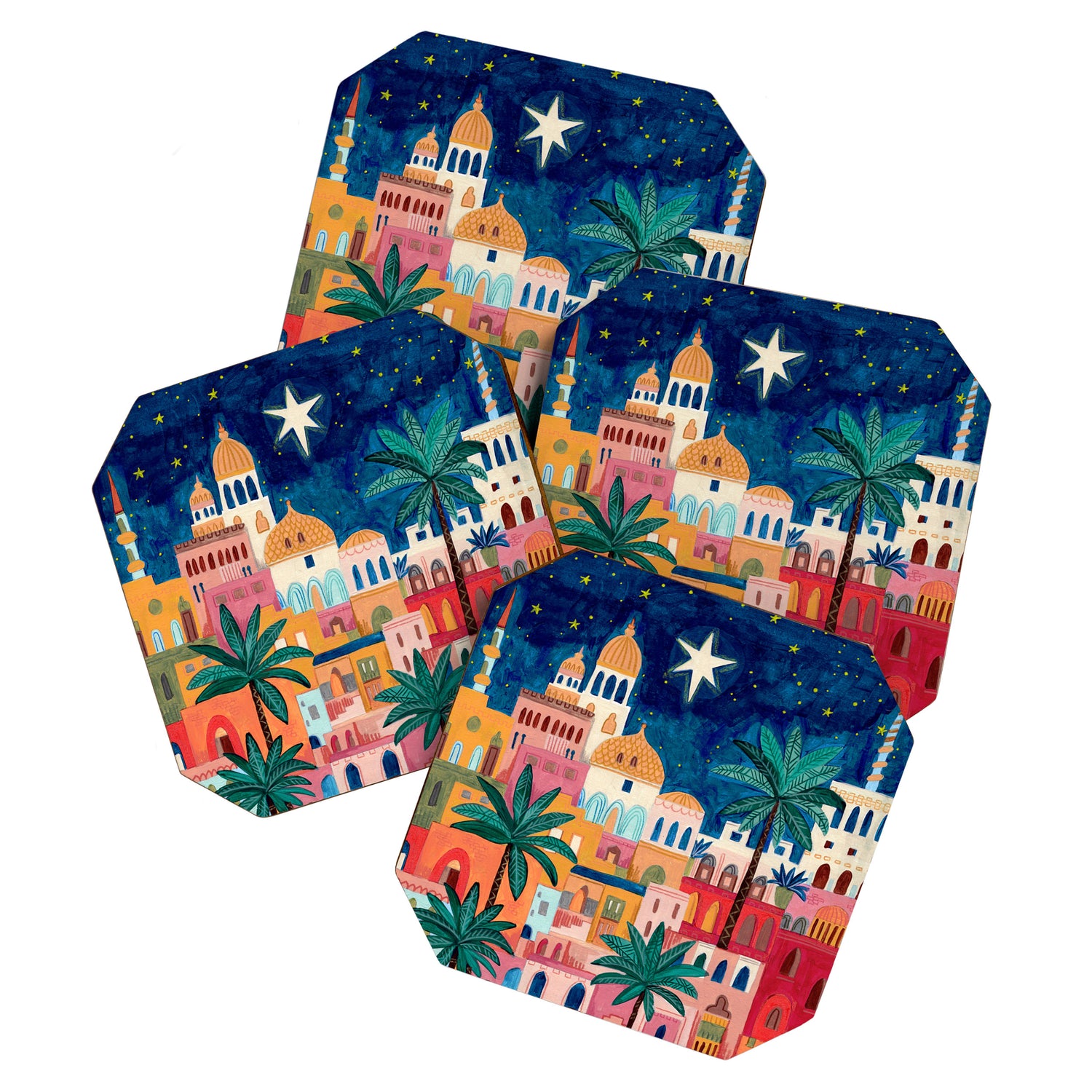 Oriental city under a starry sky in bright colours Coaster Gallery Image 1