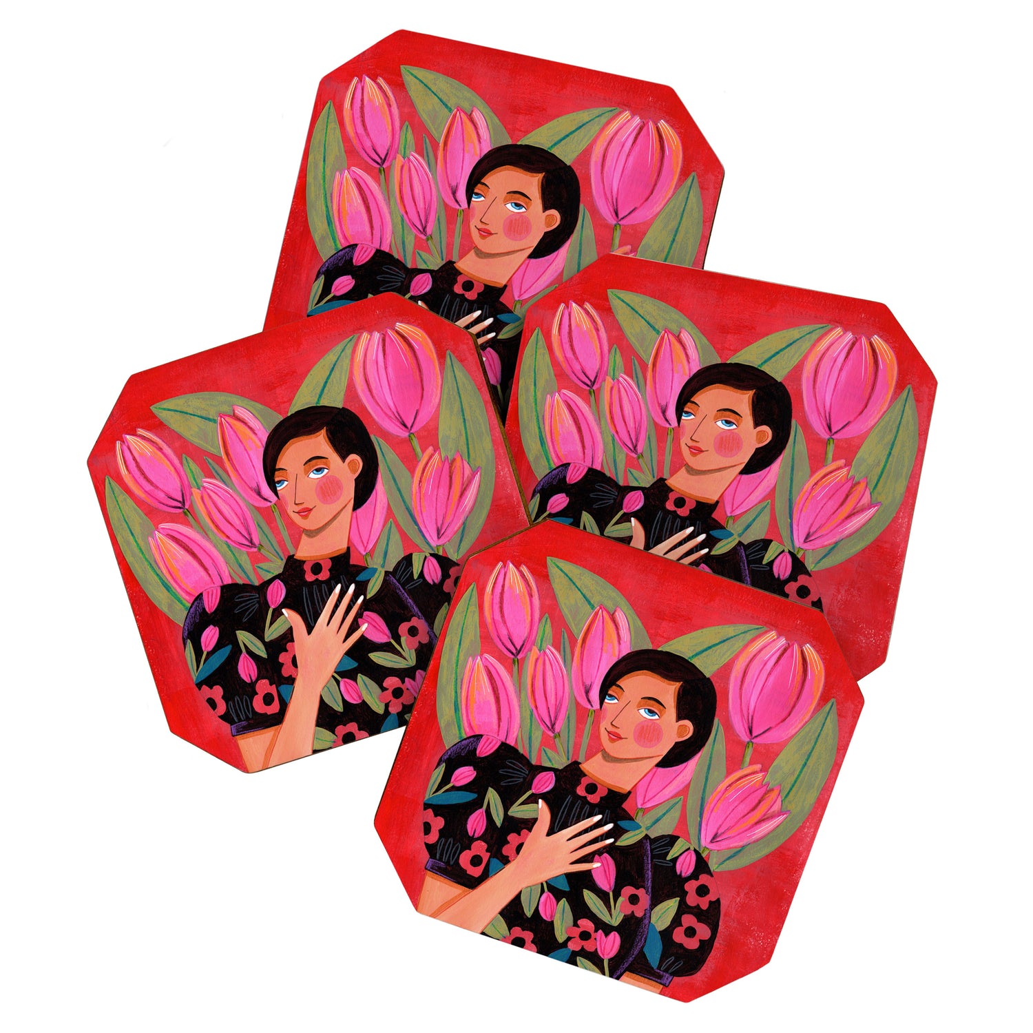 Portrait woman with tulips on red background Coaster Gallery Image 1