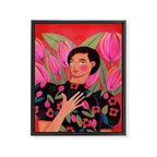 Portrait woman with tulips on red background Framed Canvas Print Gallery Image 8