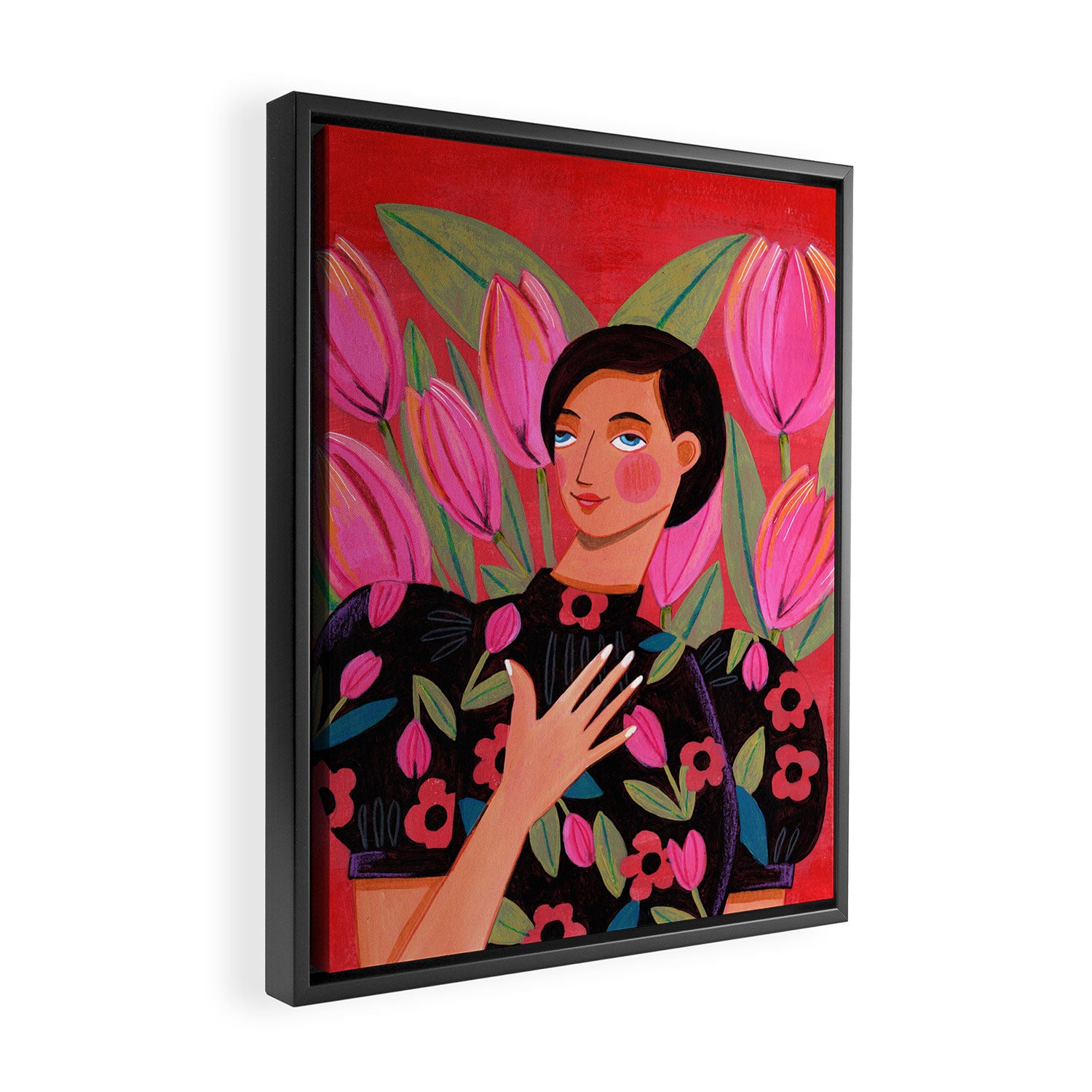 Portrait woman with tulips on red background Framed Canvas Print Gallery Image 2
