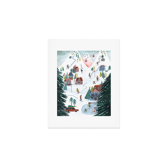 Skiing Winter Village Art Print Gallery Image 1
