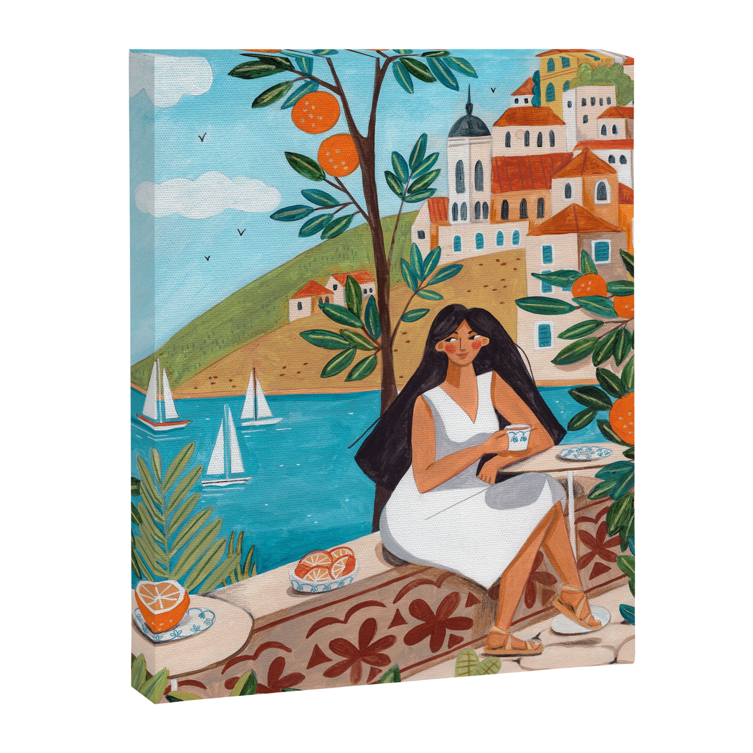 Travel poster woman in Mediterranean coast Canvas Print Gallery Image 6
