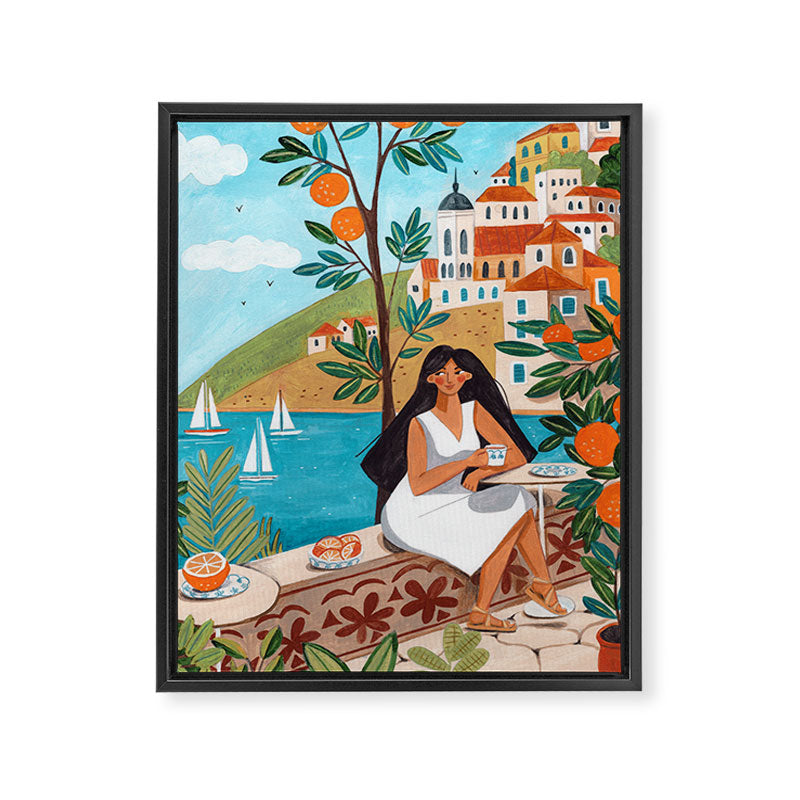 Travel poster woman in Mediterranean coast Framed Canvas Print Gallery Image 6