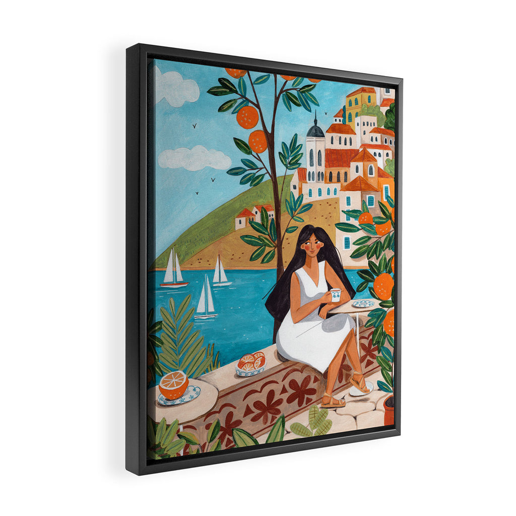 Travel poster woman in Mediterranean coast Framed Canvas Print Gallery Image 2