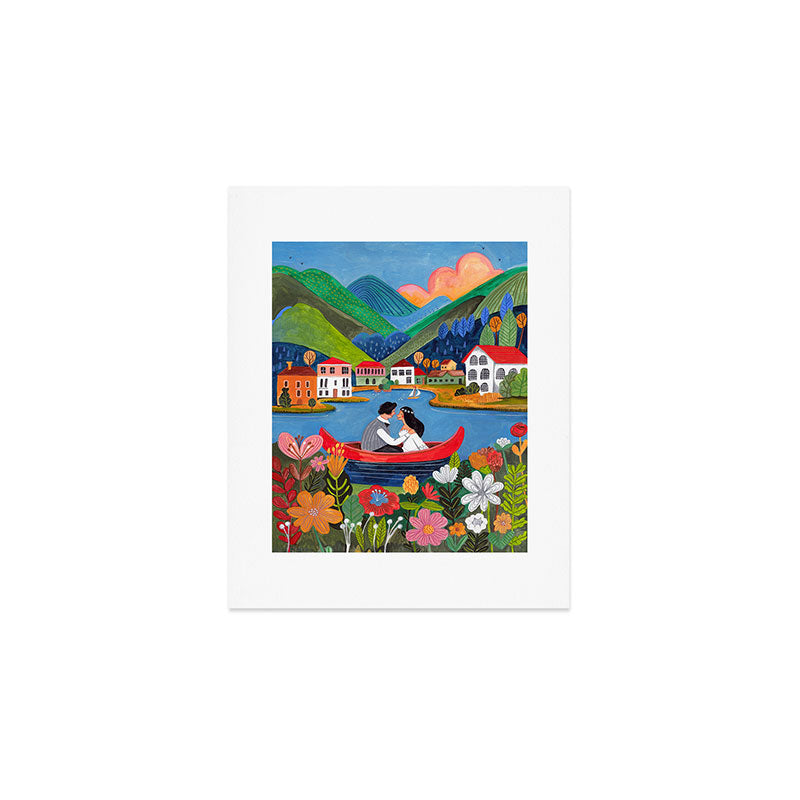 Wedding boat in mountain landscape Art Print Gallery Image 1
