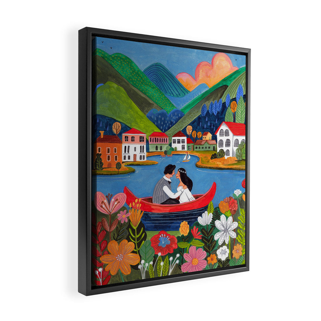 Wedding boat in mountain landscape Framed Canvas Print Gallery Image 2