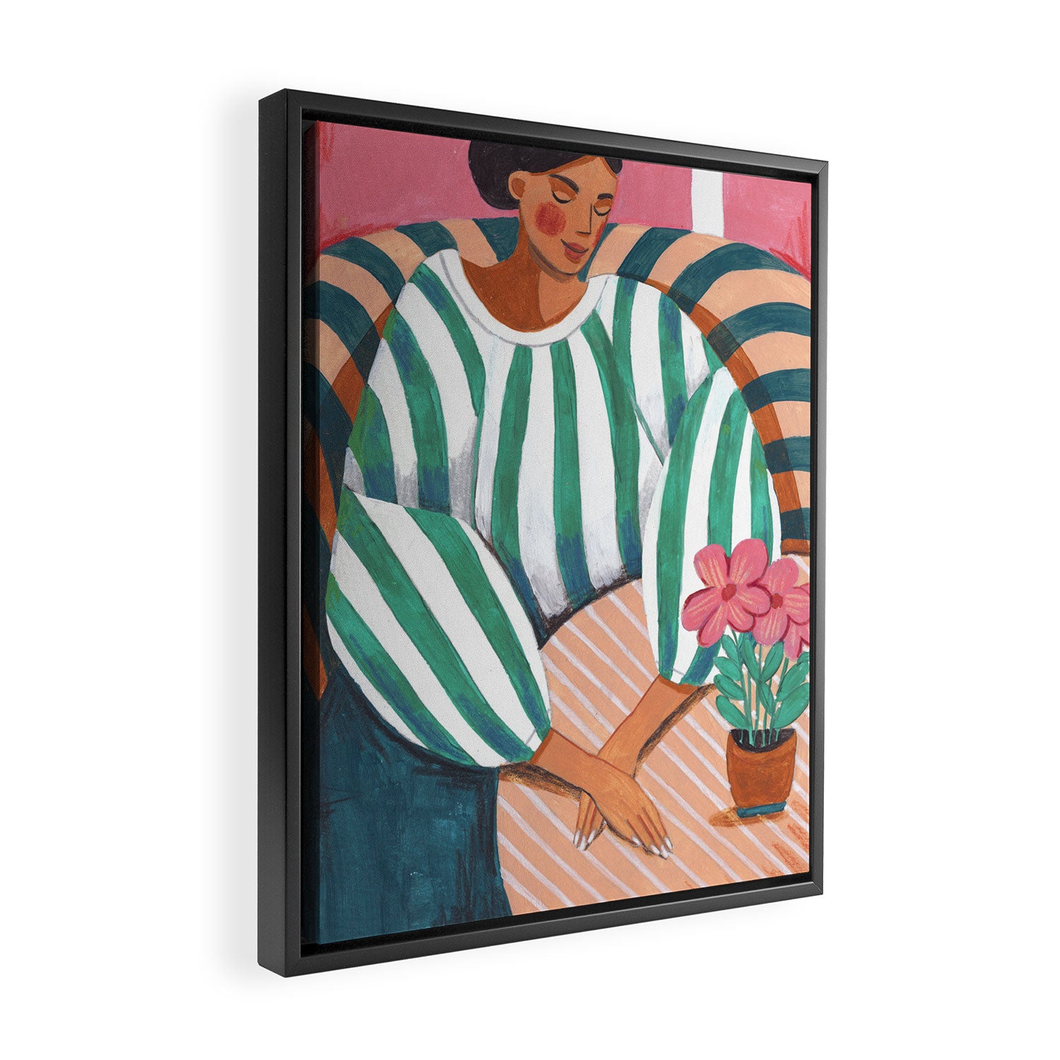 Woman in stripes in thought Framed Canvas Print Gallery Image 2
