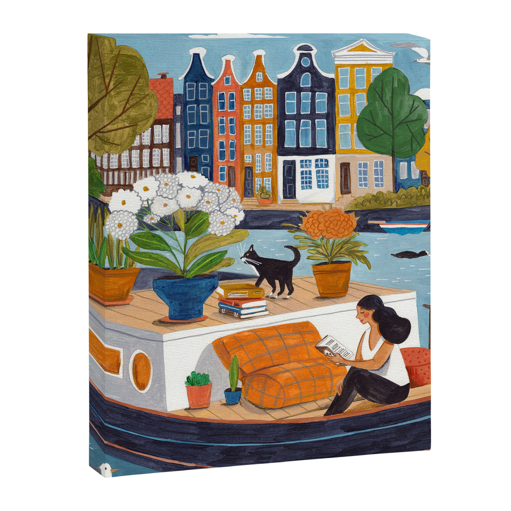 Woman on houseboat in Amsterdam Canvas Print Gallery Image 8