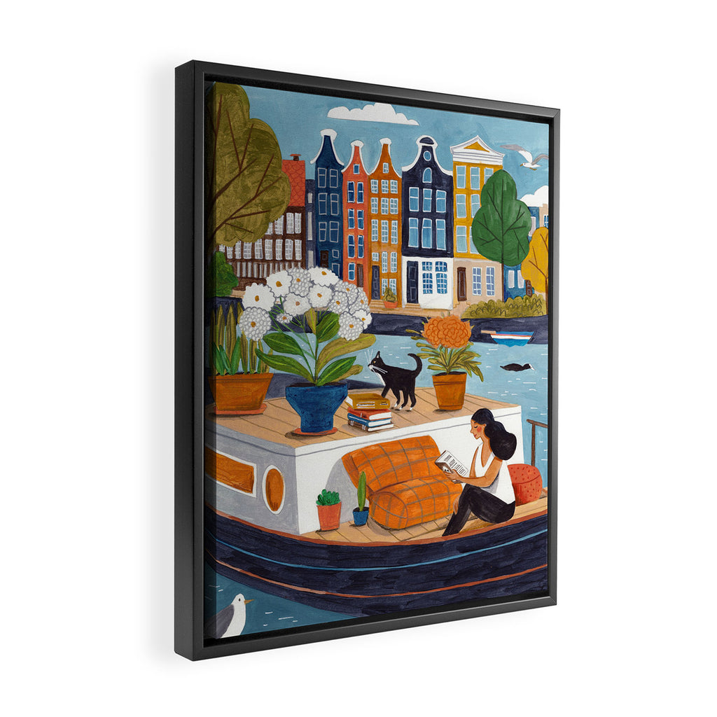Woman on houseboat in Amsterdam Framed Canvas Print Gallery Image 2